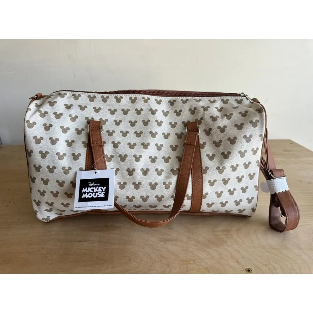 NWT Disney Mickey Mouse Weekender Duffel Travel Bag Faux Leather Carry On Beige